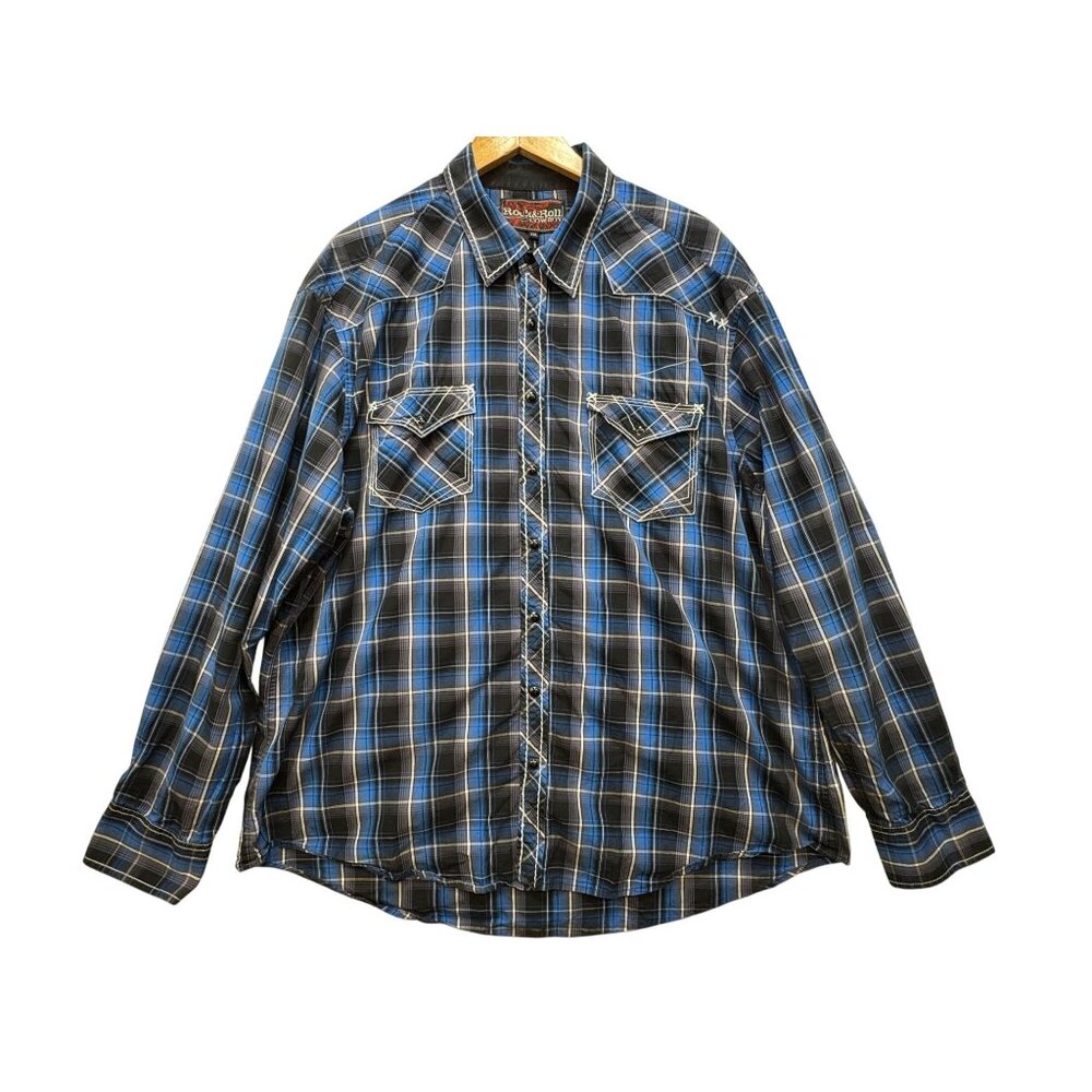 Rock & Roll Mens Cowboy Western Button Up Shirt Size XXL Blue Plaid Long Sleeve